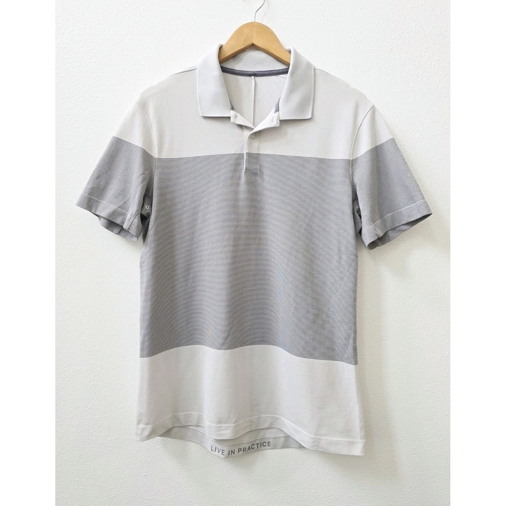 Lululemon Tech Pique Polo Men's Size Small Statement Stripe Vapor Asphalt Grey